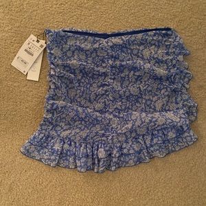 Zara Blue Floral Ruffle Ruche Skirt Size Small
